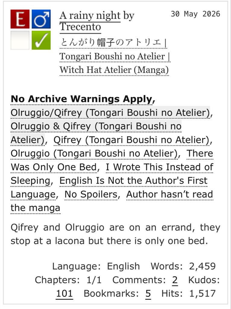 JuLilimolia's tweet photo. [QiOlru Fanfic rec #102] A rainy night
By Trecento

Qifrey and Olruggio are on an errand, they stop at a lacona but there is only one bed.

Every fandom deserves a fanfiction where there's only one bed.

https://t.co/kca0geHIXv…

#キーオル #QiOlru https://t.co/kxITG4ToML