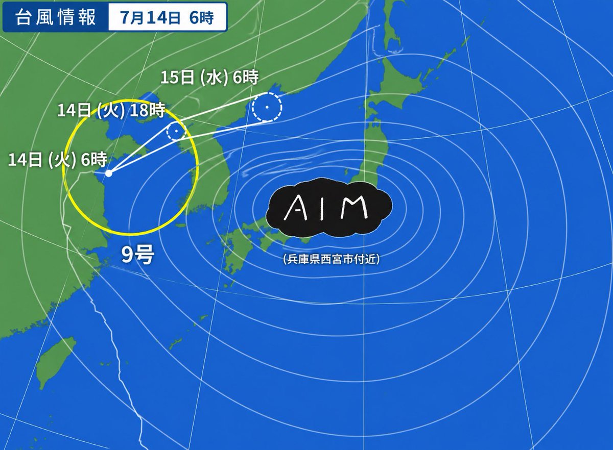 Edagemyon's tweet photo. @aimyonGtter 台風9号は朝鮮半島付近を北東へ進んでいます。一方で兵庫県西宮市を中心とする『みょん気圧』が発達し、その勢力が近畿から東日本、日本列島全体へ張り出し、台風の進路を西に押し出しています。『みょん気圧』はさらに発達し、中心の甲子園付近は夕方にかけて気温が上昇する予報です。#あいみょん https://t.co/Czra5thKjC
