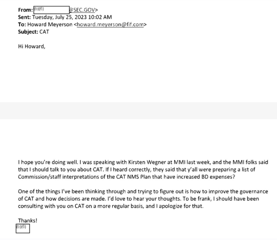 RareDealsHere's tweet photo. So I guess there should've been a vote to decide if the SEC should protect an issuer and thousands of investors. 

Meanwhile, the SEC can be seen apologizing to Howard Meyerson (image 1) of FIF for not consulting him sooner about CAT, which appears to lead to Meyerson presenting the FIF's concerns about Next Bridge to the Division of Trading and Markets (not Corp Fin).

But sure, let's throw in Corp Fin also. It makes sense that they'd be involved but the evidence shows that this wasn't just some small issue that the SEC wasn't aware of.

We know that Gensler, Pierce and Uyeda knew it was an issue so I fail to see how this can be viewed as the public misunderstanding how this can go unresolved for over 3 years because the departments didn't pick up the phone.

The FIF got exactly what they wanted and they continue to get what they want. 

I guess it's cool to get insight from a former SEC employee but if you're only gonna get "best practices", I just don't see the benefit, especially when those best practices don't appear to align with what actually occurred.