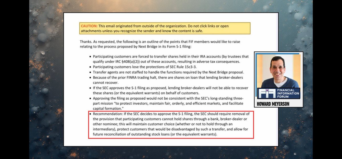 RareDealsHere's tweet photo. So I guess there should've been a vote to decide if the SEC should protect an issuer and thousands of investors. 

Meanwhile, the SEC can be seen apologizing to Howard Meyerson (image 1) of FIF for not consulting him sooner about CAT, which appears to lead to Meyerson presenting the FIF's concerns about Next Bridge to the Division of Trading and Markets (not Corp Fin).

But sure, let's throw in Corp Fin also. It makes sense that they'd be involved but the evidence shows that this wasn't just some small issue that the SEC wasn't aware of.

We know that Gensler, Pierce and Uyeda knew it was an issue so I fail to see how this can be viewed as the public misunderstanding how this can go unresolved for over 3 years because the departments didn't pick up the phone.

The FIF got exactly what they wanted and they continue to get what they want. 

I guess it's cool to get insight from a former SEC employee but if you're only gonna get "best practices", I just don't see the benefit, especially when those best practices don't appear to align with what actually occurred.