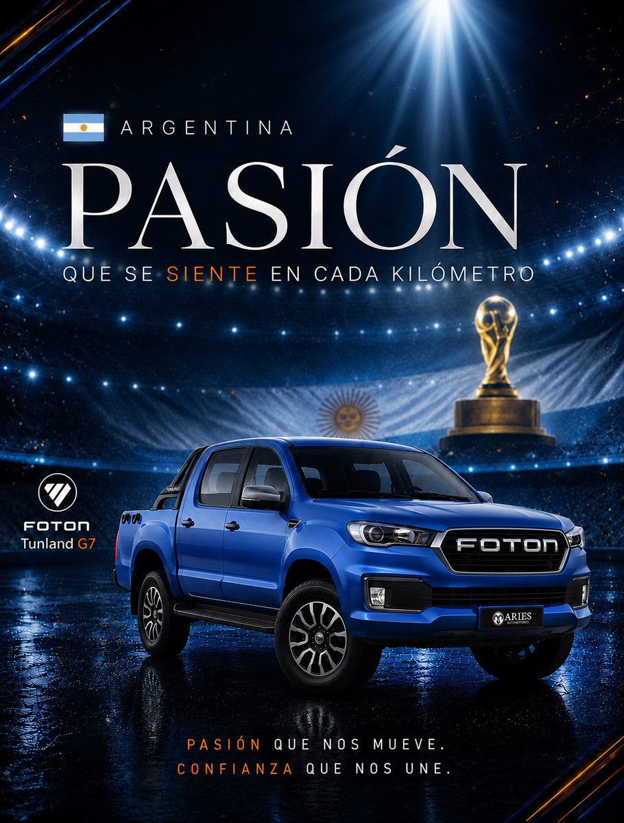 ariesautomoto's tweet photo. Pasión • Potencia • Determinación

Como Argentina, la Foton Tunland G7 demuestra que la pasión impulsa cada desafío y la confianza permite llegar cada vez más lejos. https://t.co/xYHaxEVrp6