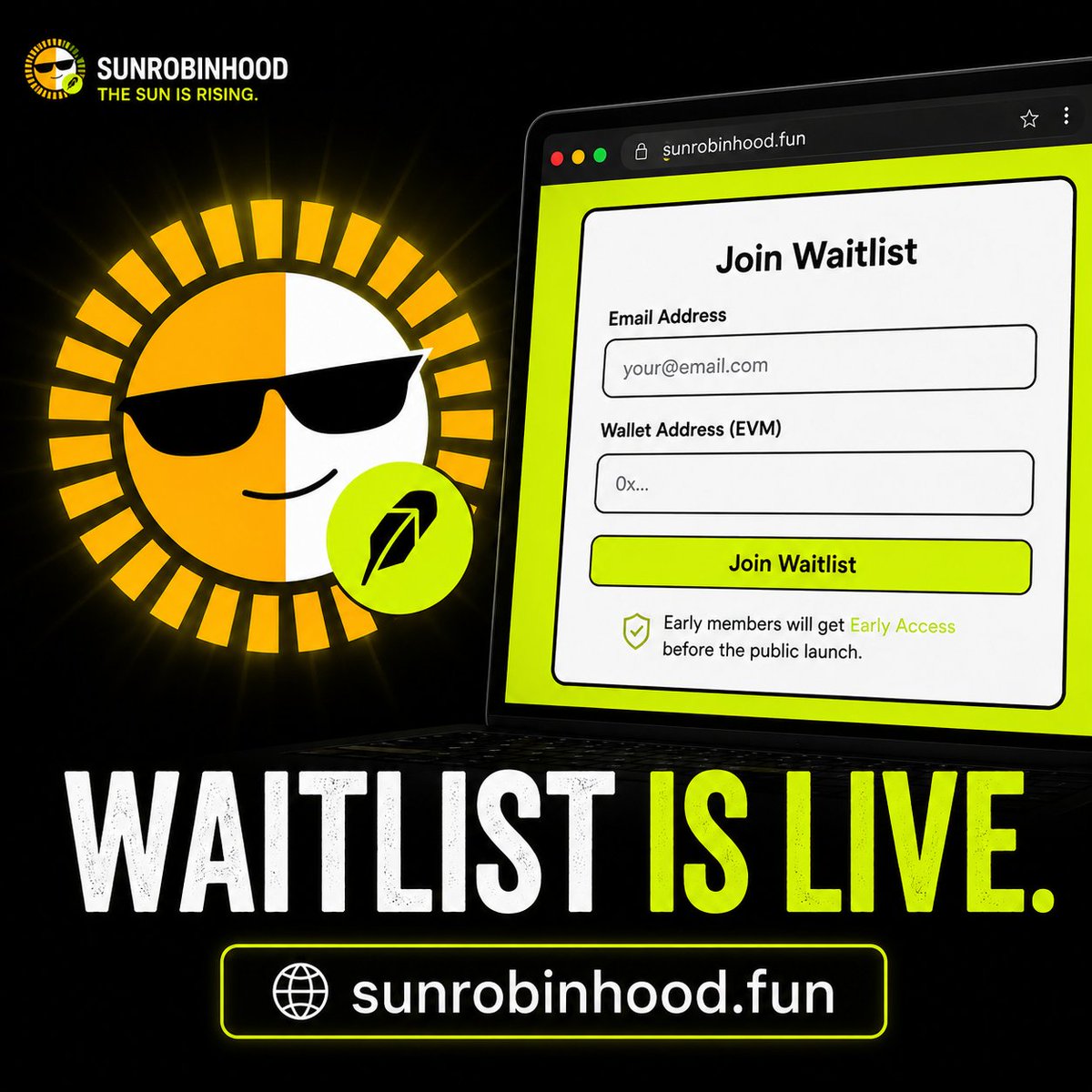 SunRobinhoodfi's tweet photo. The sun has arrived on Robinhood.
Be part of our journey from day one.
Join the waitlist: https://t.co/WrwH1YhuYk
May the sun shine on you. https://t.co/nxuffYuMQU