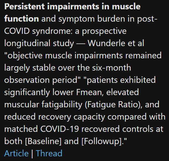 TomKindlon's tweet photo. From Germany 🇩🇪

Persistent impairments in muscle function and symptom burden in post-COVID syndrome: a prospective longitudinal study

https://t.co/TwTVaZZ5jZ

Screenshot from latest Science for ME weekly update

#LongCovid #PASC https://t.co/5LqJDio0kG