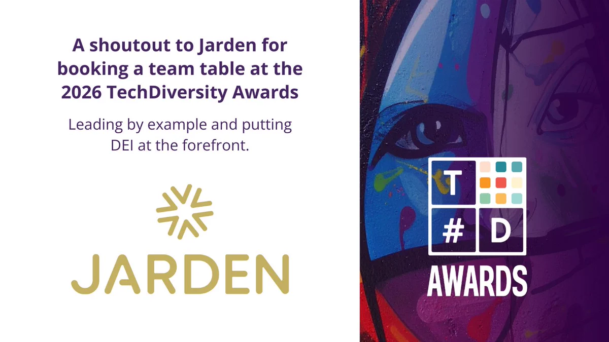 Promotional graphic celebrating Jarden booking a team table at the 2026 TechDiversity Awards. Text reads: 'A shoutout to Jarden for booking a team table at the 2026 TechDiversity Awards – Leading by example and putting DEI at the forefront.' The Jarden logo in gold appears centre image. The TechDiversity Awards (#TD Awards) logo appears in the bottom right corner.