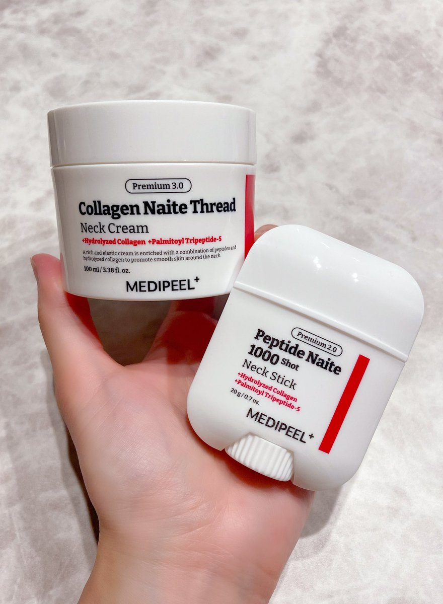 sunsunshock's tweet photo. 首ケアしてる？
MEDIPEELのネックケアラインおすすめ❣️

🩶プレミアムネッククリーム3.0
のびーるテクスチャで刺激少なく伸ばせるのに、べとつかない！夜に使いやすい！

❤️プレミアムネックスティック2.0
こちらはスピキュール系。出先でもさっと塗れるから長時間のPC作業前とかに塗ってる！#PR https://t.co/gsDS3jf4Ys