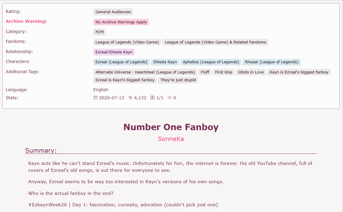ssickrogue's tweet photo. First contribution for #EzkaynWeek26 ! ♥
Day #1: Fascination, Curiosity, Adoration (all of them, hell yeah)
•Title: Number One Fanboy
•Rated: T
•Words: 4,132
•Link: https://t.co/p9qDLAUVFc
#ezkayn #kaynez #shadowblink https://t.co/3zQg4yRBcn