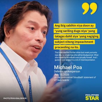 jesusfalcis's tweet photo. 🚨 Atty. Michael Poa: “Ang ibig sabihin ni BP Sara sa bloodbath ay yung sariling dugo niya yung tatagas dahil siya yung nagiging subject nitong impeachment.”

⚠️ One, that’s not the meaning of bloodbath.

Two, merong iba ba na pwedeng maging subject?!

Thank you, Mr. Obvious.

😂 https://t.co/7vy5J6arsL