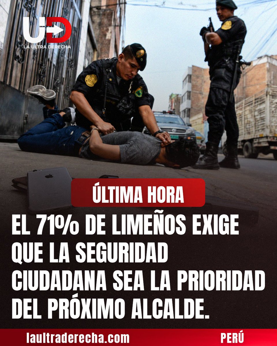 LUltraDerechaPE's tweet photo. 🇵🇪|🚨#URGENTE¡LIMA EXIGE SEGURIDAD! Según Datum, el 71% de los ciudadanos considera que combatir la inseguridad debe ser la principal prioridad del próximo alcalde de Lima Metropolitana. https://t.co/SJxt6mz0oF