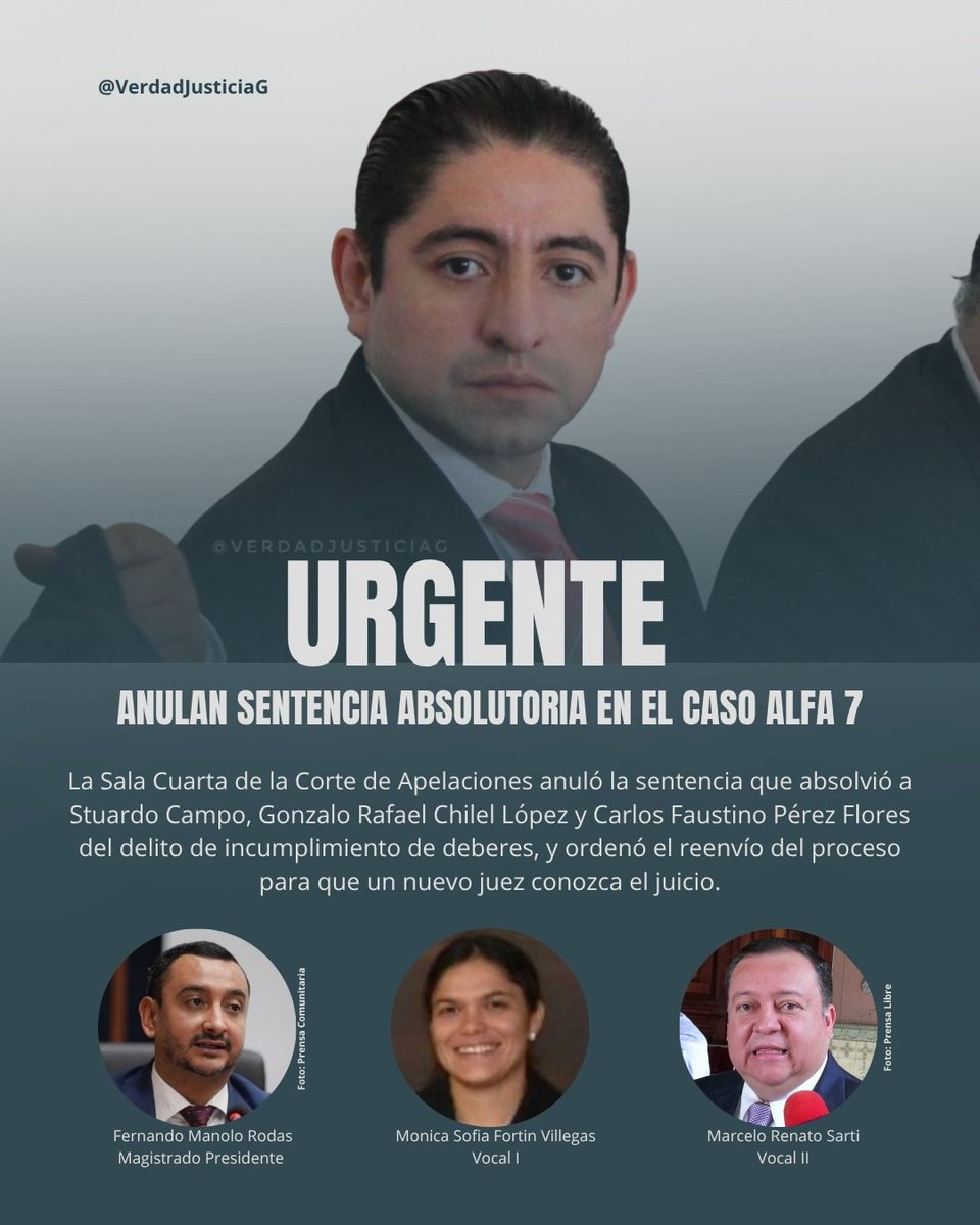 VerdadJusticiaG's tweet photo. #CasoAlfa7
La Sala Cuarta de la Corte de Apelaciones del Ramo Penal declaró con lugar el recurso de apelación especial presentado por el Ministerio Público y anuló la sentencia emitida el 18 de julio de 2025 por el Tribunal Décimo de Sentencia Penal, que había absuelto al exfiscal de sección Stuardo Campo, al exfiscal adjunto Gonzalo Rafael Chilel López y al exagente fiscal Carlos Faustino Pérez Flores del delito de incumplimiento de deberes.

Como efecto de esta resolución, la Sala ordenó el reenvío de la causa penal para que un nuevo juez unipersonal conozca el juicio oral y público, conforme a las reglas de asignación de casos.

Posteriormente, la defensa de Stuardo Campo interpuso un recurso de casación ante la Cámara Penal de la Corte Suprema de Justicia, que deberá resolver si confirma la decisión de la Sala o si mantiene vigente la sentencia absolutoria.

#Justicia #Guatemala #StuardoCampo #CasoAlfa7