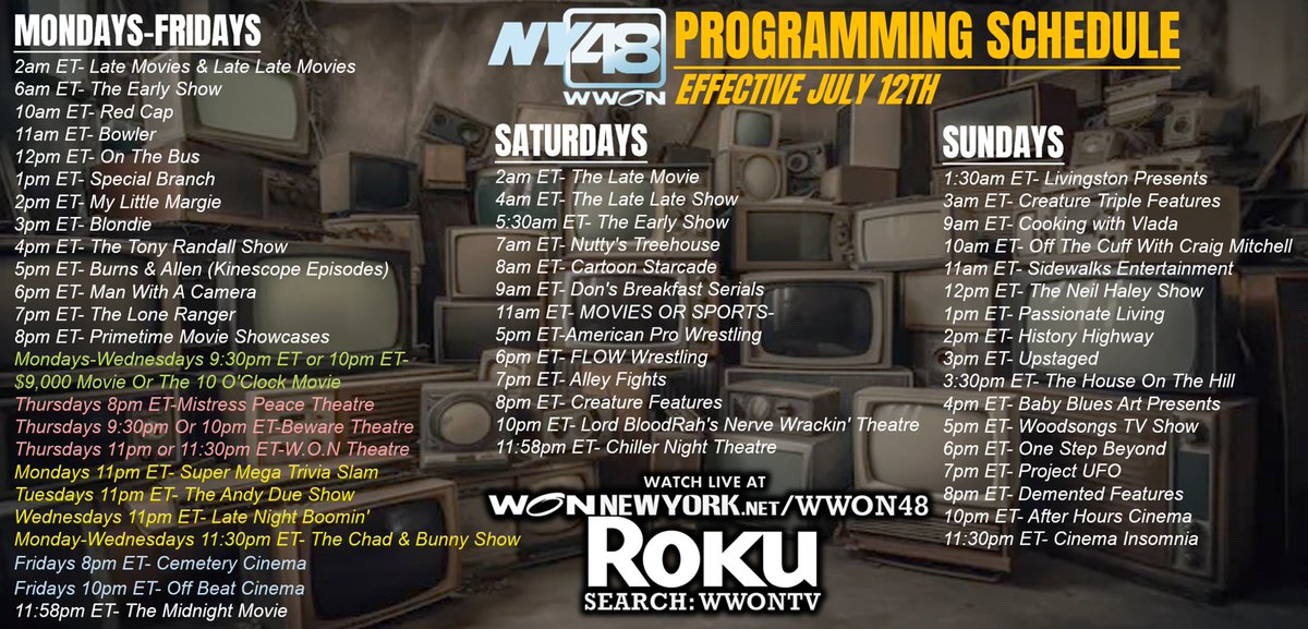 WWON11206's tweet photo. Here's the update channel 48 WWON-TV schedule for Summer 2026...To see the schedule in full....go to https://t.co/PDqJC2ggEt https://t.co/RDECH0Mfrw