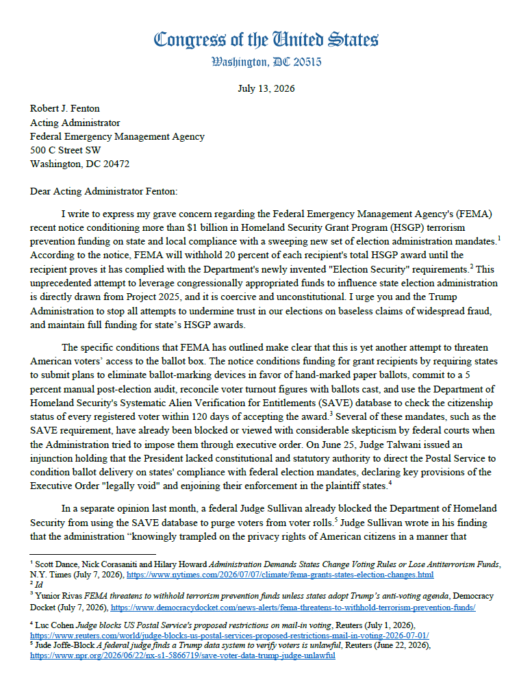CongressmanRaja's tweet photo. The Trump Administration is threatening to withhold more than $1 billion in FEMA counterterrorism funding unless states adopt President Trump's voter suppression agenda.
That's unconstitutional, dangerous, and has nothing to do with preventing terrorism. Today I demanded FEMA reverse course.