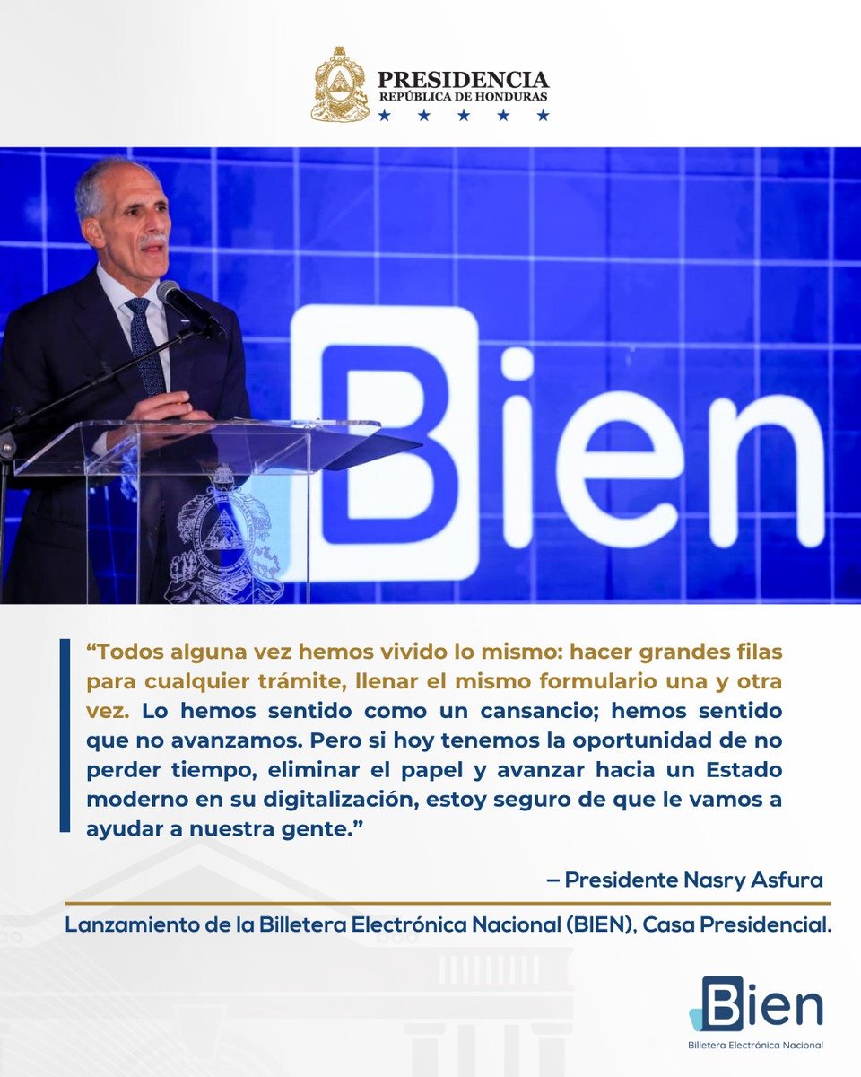 hnpresidencia's tweet photo. Modernizar también es facilitar la vida de los hondureños.

Con BIEN, la Billetera Electrónica Nacional, el Gobierno da un paso para dejar atrás los trámites complicados y acercar el Estado a la gente. https://t.co/ah7oU0uk6R