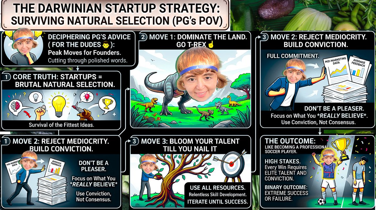 olkthink's tweet photo. For Dudes🧒who may not catch PG’s POV due to his polished language, PG is highkey recommending peak Darwinian moves. If you decide to dominate the land, do not secure an amphibian option. Go T-Rex☝️Don’t be a pleaser. Don’t rely on mid-marketing data. Just bloom your talent till you nail it. Startups are inherently tied with brutal natural selection. You should use all your resources to build what you really believe. Then, you W ∨ L⚽️kinda like becoming a professional soccer player