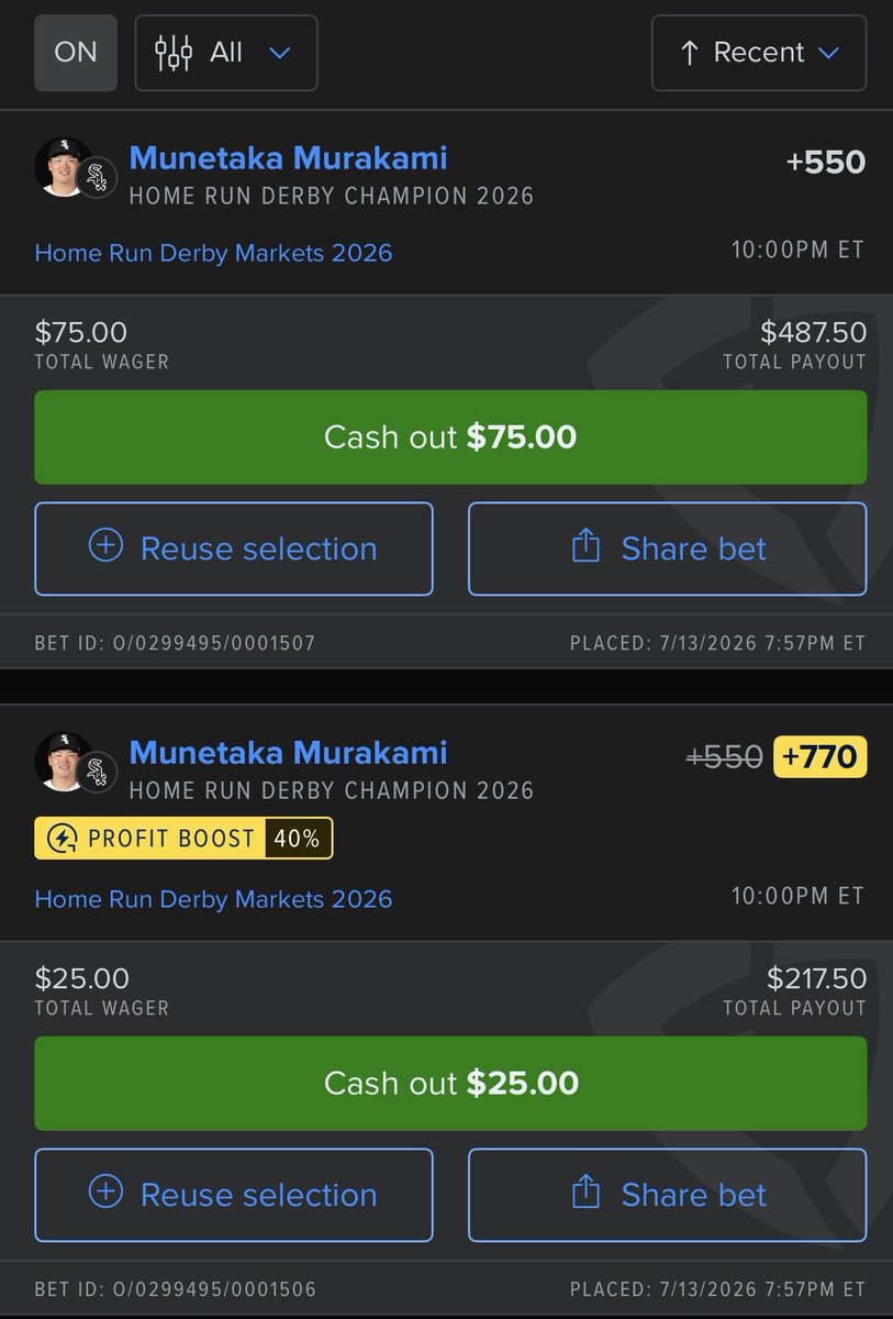 gghitz's tweet photo. HOME RUN DERBY

SOUTHSIDE SAMURAI GOT US 🙌

#Gambling𝕏 https://t.co/xu8oGGlv6i