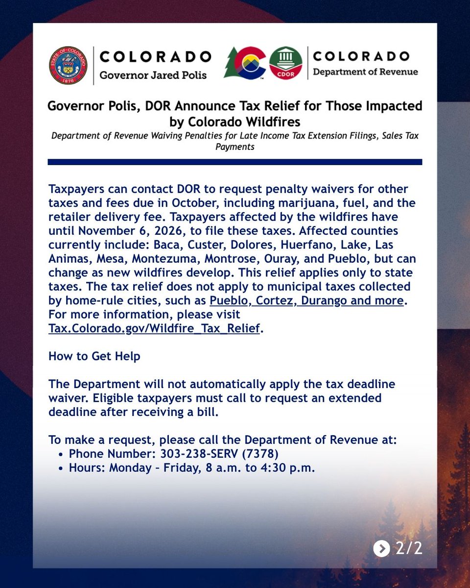 GovofCO's tweet photo. No Coloradan should have to choose between rebuilding a life and meeting a tax deadline. By extending these deadlines for people and small businesses, we’re helping Coloradans impacted by wildfires get the time and space needed to recover, without the added pressure of late fees. https://t.co/4cOe81CEpv