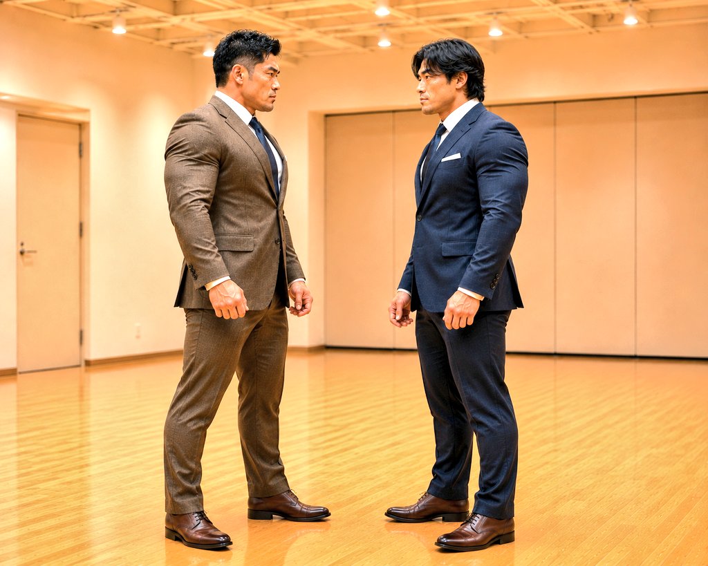 wrestlebulgfan's tweet photo. マッチョなスーツリーマン同士が向き合って対峙。互いの覚悟をぶつけ合い、一歩も譲らない睨み合い。熱い戦いが始まる。
Two muscular businessmen face off.
Neither backs down.
The battle begins.
#AIart #スーツ #スーツ男子 #Suit #SuitMen #FightScene #マッチョ #AI男子 https://t.co/OkJlIcS5Tw
