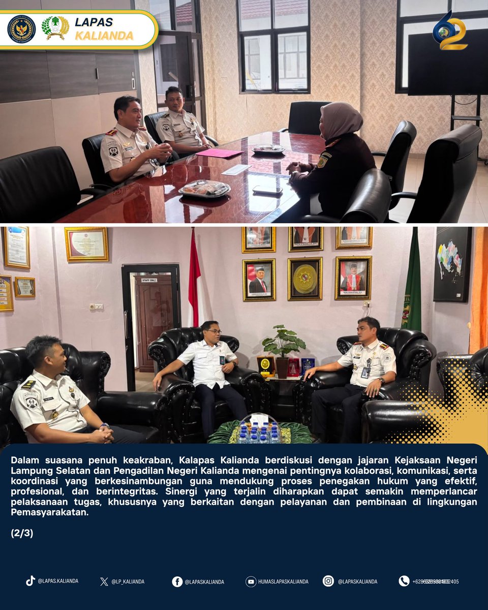 LP_Kalianda's tweet photo. Perkuat Sinergi Antar Aparat Penegak Hukum, Kalapas Kalianda Jalin Audiensi dengan Kejari Lampung Selatan dan Pengadilan Negeri Kalianda

@kemenimipas
@ditjenpas
@pemasyarakatanlampung

#Kemenimipas #Ditjenpas #Pemasyarakatan #LapasKalianda #KejariLampungSelatan https://t.co/fGyicfyGsq