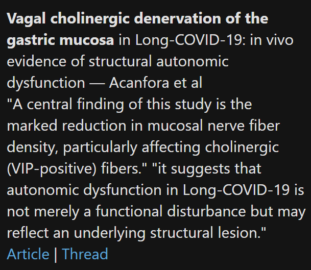 TomKindlon's tweet photo. From Italy 🇮🇹

Vagal cholinergic denervation of the gastric mucosa in Long-COVID-19: in vivo evidence of structural autonomic dysfunction

https://t.co/KvN03iVpZw

Screenshot from latest Science for ME weekly update

#LongCovid #PASC https://t.co/0EFXIF0I2w