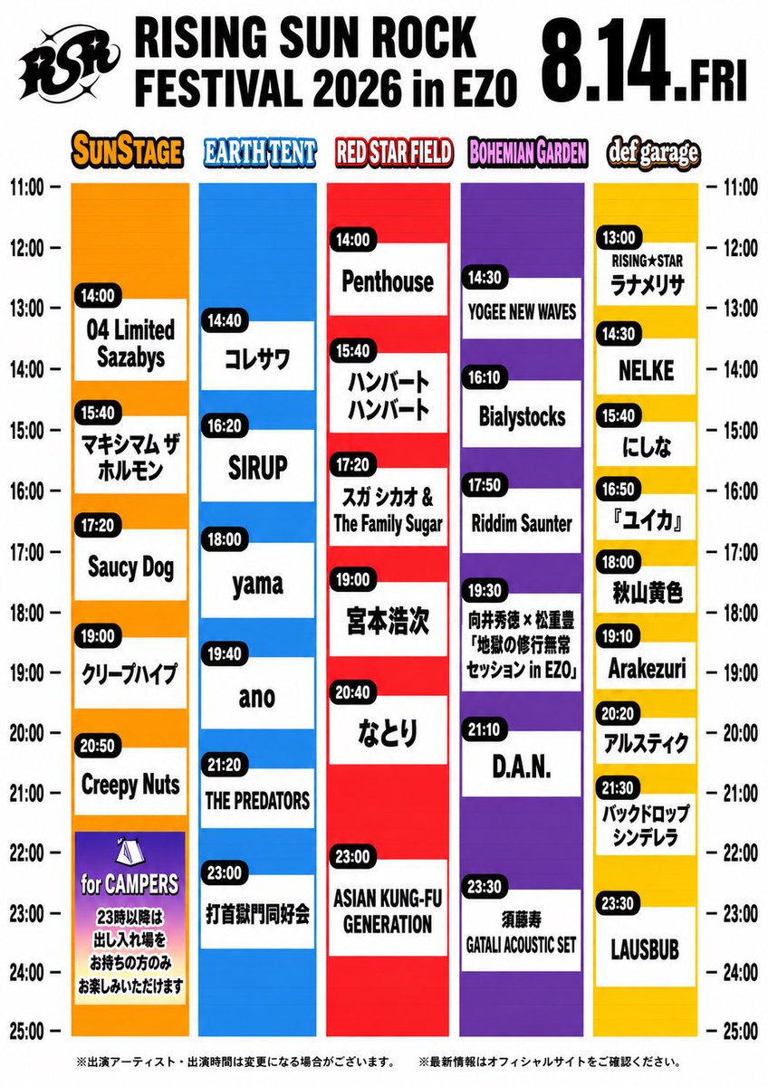 takapi3131's tweet photo. 📅ライジングまで、あと31日。

🚨ライジングサン行く人へ🚨

毎年思う。

タイムテーブルはスマホで見づらい…。

なので、
文字を大きくして見やすくしました📱✨

ライジング行く人は保存必須！
RTで広めてもらえると嬉しいです🙇‍♂️

当日、スクショや保存しておくと便利です🙌

参戦する人はRT🔁
一緒に行く人にも送ってあげて！

「行く！」って人はリプで教えて🔥

#RSR #RSR26 #ライジング��ン #RISINGSUNROCKFESTIVAL
