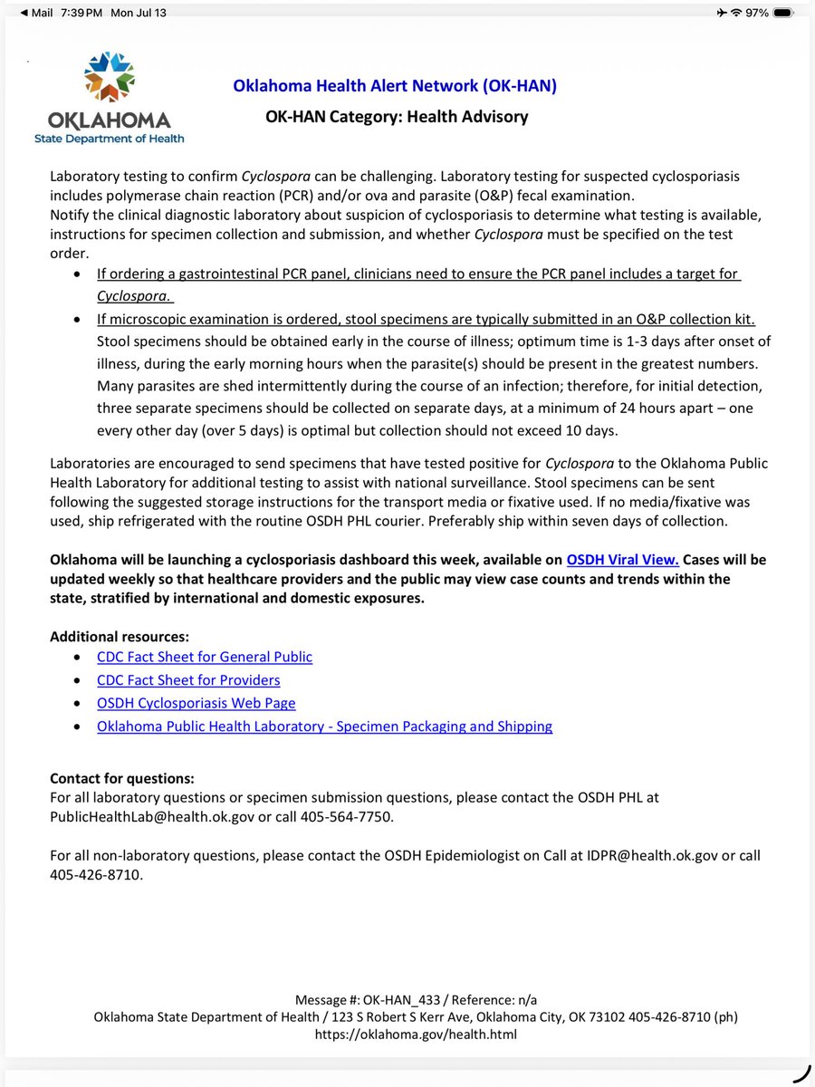 GeorgeMonks11's tweet photo. The Oklahoma Health Department finally issues a health alert tonight at 553pm, weeks after knowing they had 11 cases of explosive diarrhea in our state. https://t.co/dR6LK4KIg8