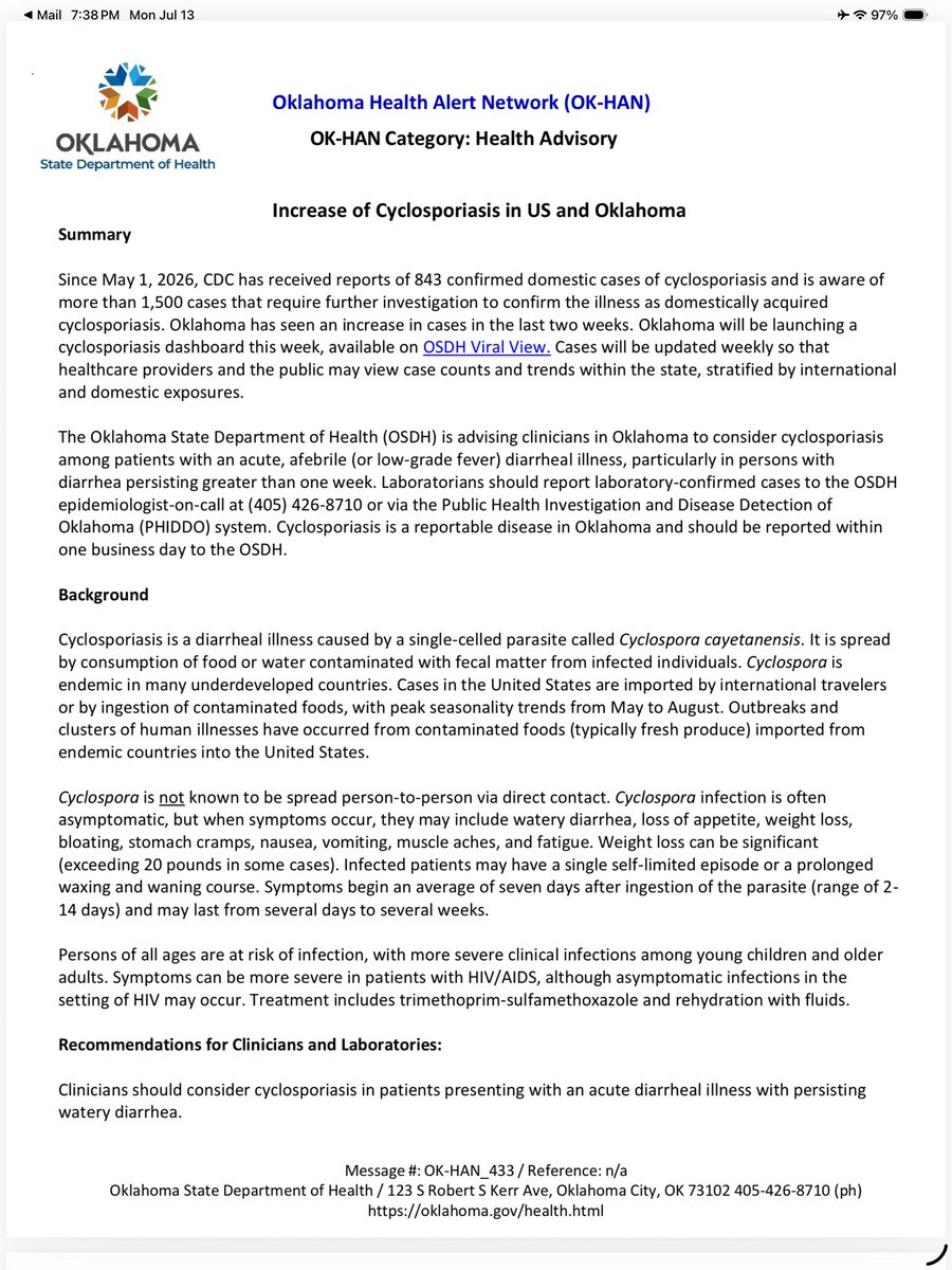 GeorgeMonks11's tweet photo. The Oklahoma Health Department finally issues a health alert tonight at 553pm, weeks after knowing they had 11 cases of explosive diarrhea in our state. https://t.co/dR6LK4KIg8
