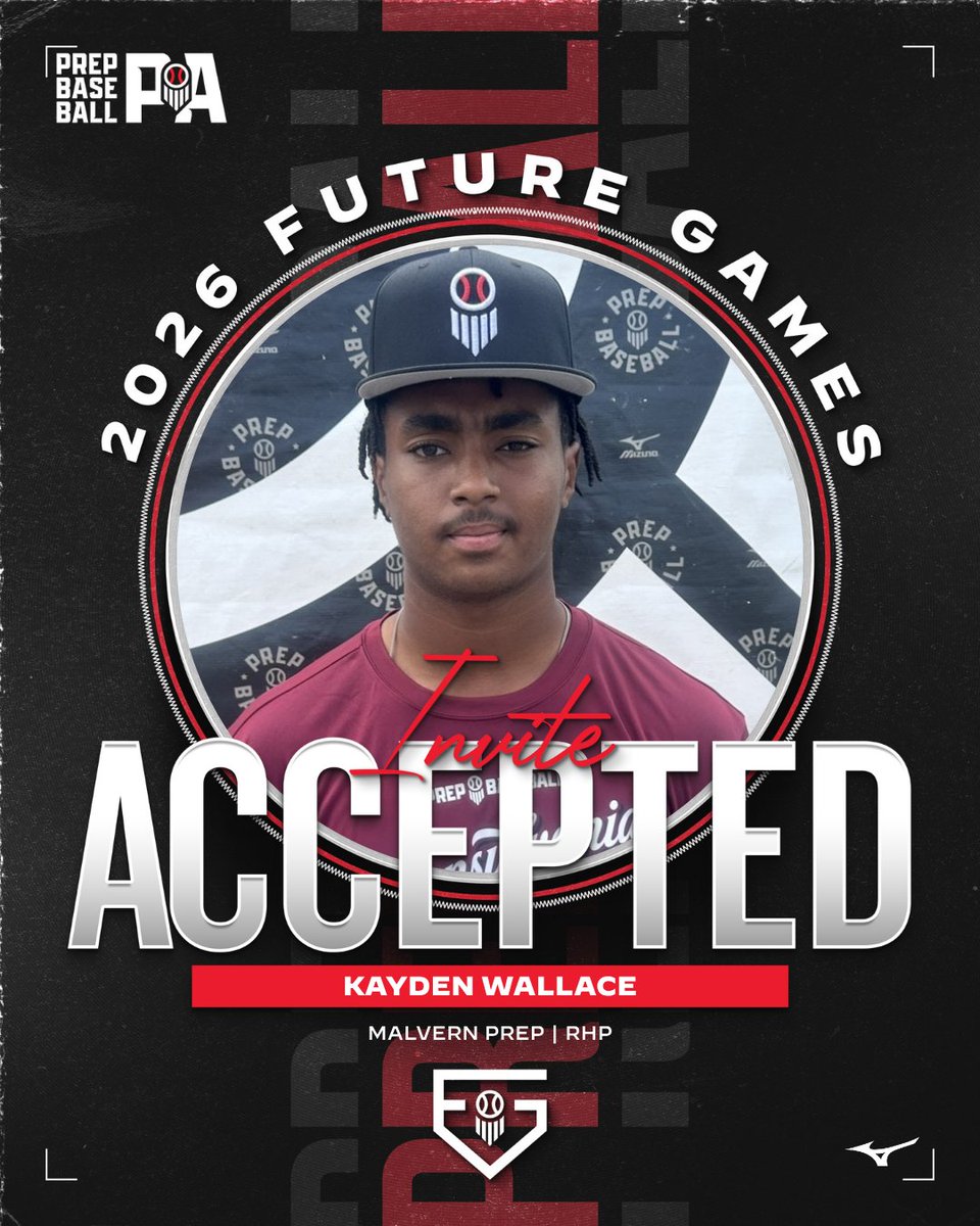 PrepBaseballPA's tweet photo. 𝗙𝘂𝘁𝘂𝗿𝗲 𝗚𝗮𝗺𝗲𝘀 𝗜𝗻𝘃𝗶𝘁𝗲 𝗔𝗰𝗰𝗲𝗽𝘁𝗲𝗱 ✅

'28 Kayden Wallace has accepted his invite to the top #uncommitted event in the country, the 2026 Future Games @LakePointSports #BeSeen

See you there, Kayden 👊

👤: https://t.co/D8m5g7N24P | @KaydenWallace28 | #PBFG26 https://t.co/vLWm6GEffc