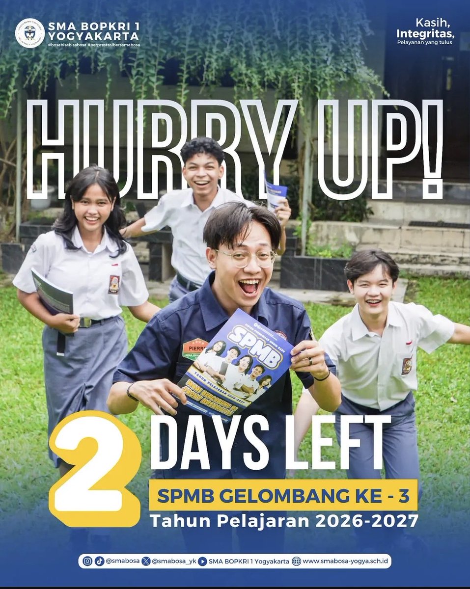 SMABOSA_YK's tweet photo. #BOSAMenyapa, HURRY UP SPMB TINGGAL 2
HARI LAGI!
Kesempatan belum berakhir, tapi waktunya hampir habis.
Tinggal 2 hari lagi menuju penutupan SPMB Gelombang 3
SMA BOPKRI 1 Yogyakarta. Masih ada kesempatan untuk menjadi bagian dari keluarga besar SMA BOSA. https://t.co/p5suGbHl3I