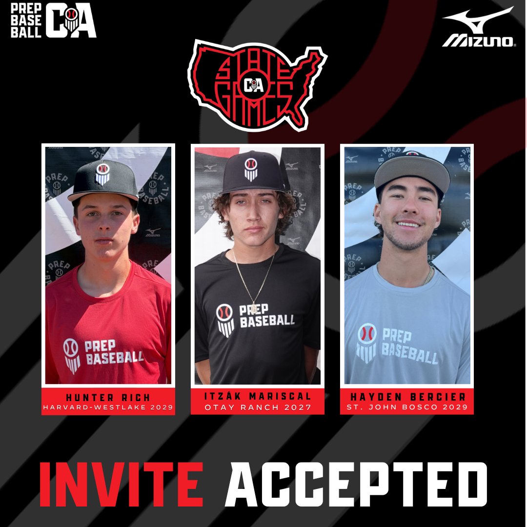 PrepBaseballCA's tweet photo. 𝟐𝟎𝟐𝟔 𝐂𝐀 𝐒𝐓𝐀𝐓𝐄 𝐆𝐀𝐌𝐄𝐒

𝓘𝓝𝓥𝓘𝓣𝓔 𝓐𝓒𝓒𝓔𝓟𝓣𝓔𝓓 ✅

Welcoming the following three prospects to the summer's top CA invite-only event

🔗 to request an invite: https://t.co/3qbxJsCFnS https://t.co/DlBiQcKcop
