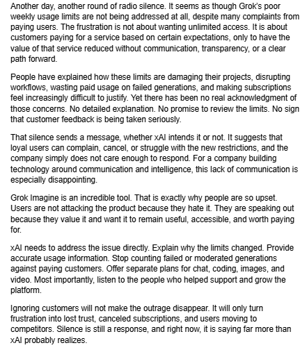jimmy_catlett's tweet photo. @elonmusk I am someone who has always, ALWAYS been in xAI's corner and the biggest Grok &amp; Imagine's vocal supporter, even when others laughed and underestimated it. What has happened here is beyond disappointing. I love Elon and X but this needs to be rectified. https://t.co/xUzX8izkqc