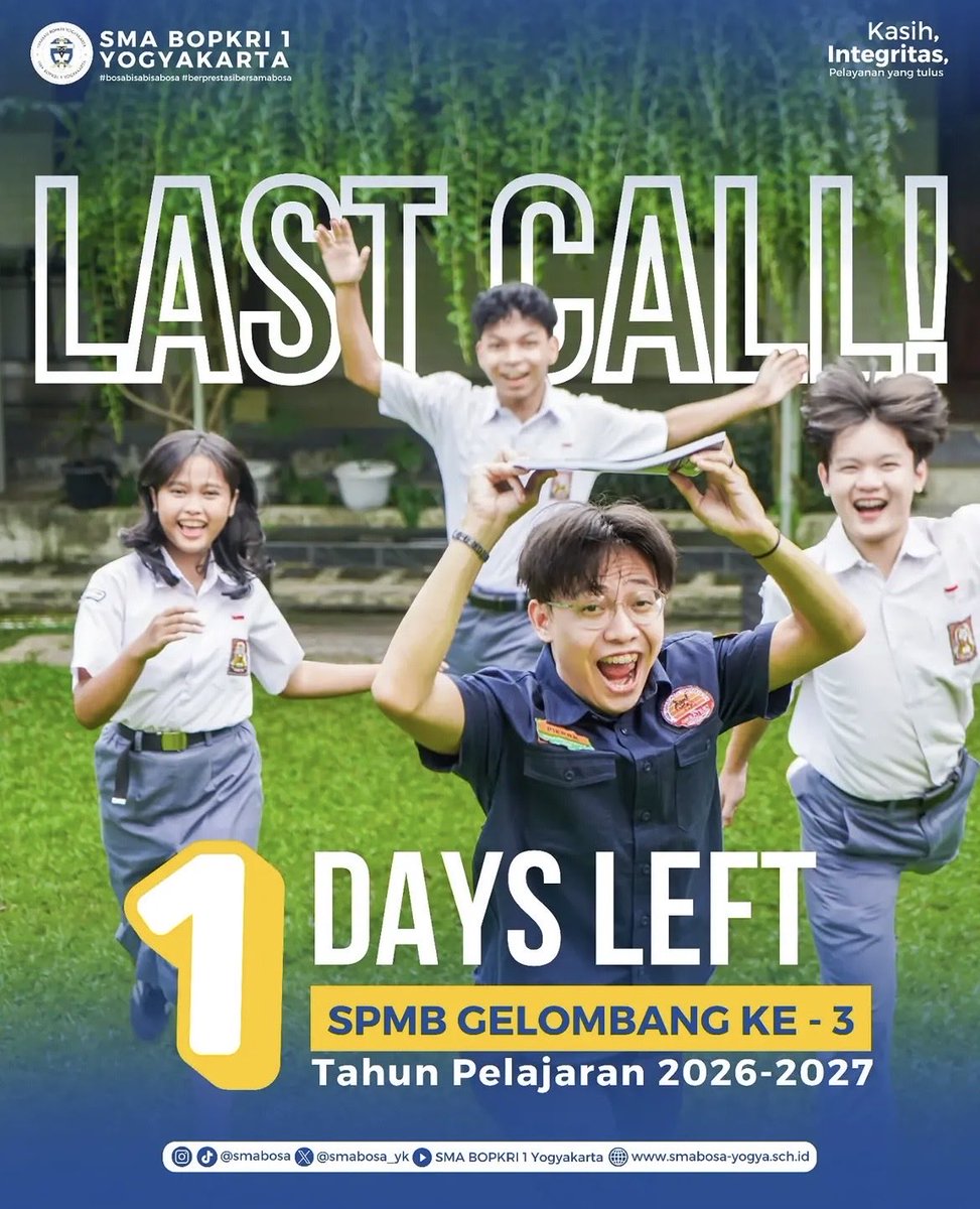 SMABOSA_YK's tweet photo. #BOSAMenyapa, LAST CALL SPMB SMA BOSA!
Kalau kemarin masih bilang "besok aja daftar..." 30
Nah, ini beneran besoknya.
Tinggal 1 hari lagi sebelum SPMB Gelombang 3 resmi
ditutup! https://t.co/thOZDuQWBR