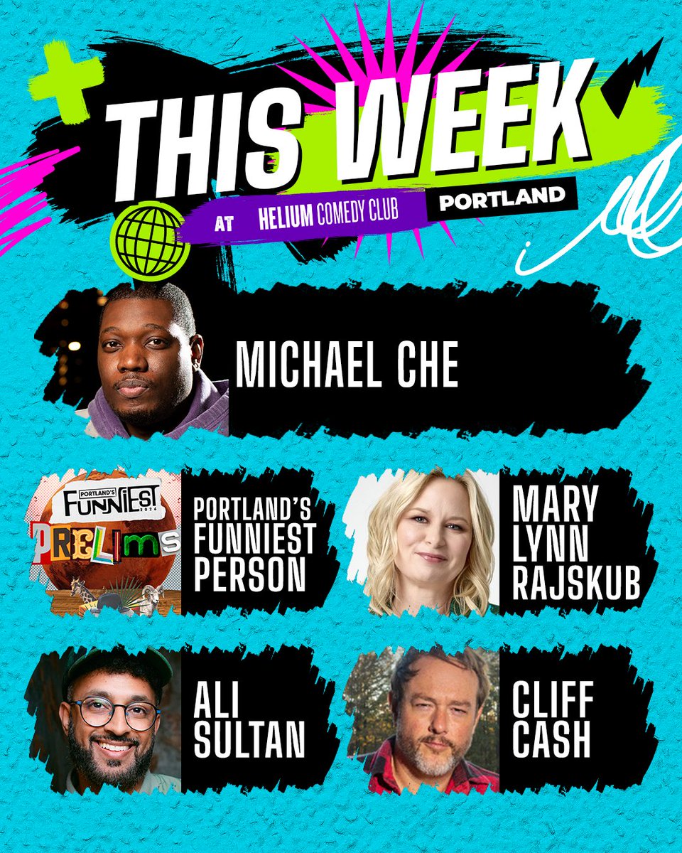 HeliumComedyPdx's tweet photo. This Week at Helium | Funniest prelims, Ali Sultan, Cliff Cash, Mary Lynn Rajskub, + a sold out weekend with Michael Che! 
Get your tickets now: https://t.co/zuwU6OCG02 https://t.co/ZuNNUktjwG