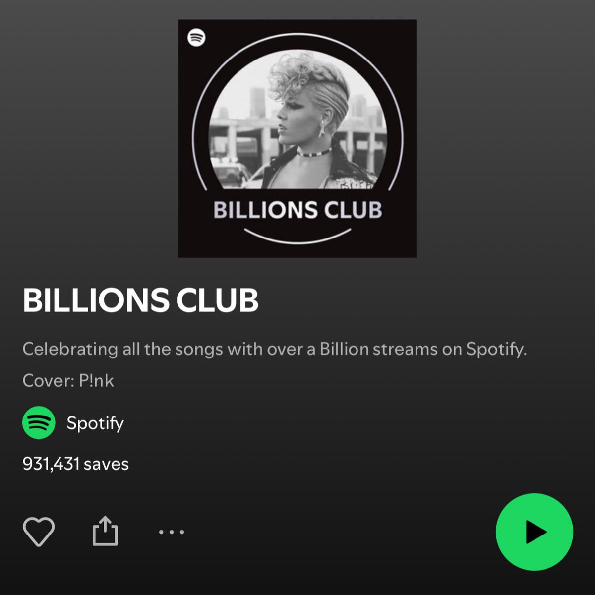 chartingpink's tweet photo. .@Pink is now the cover of Spotify’s “Billions Club” playlist after “What About Us” reached one billion streams. https://t.co/1LreKpqIL5