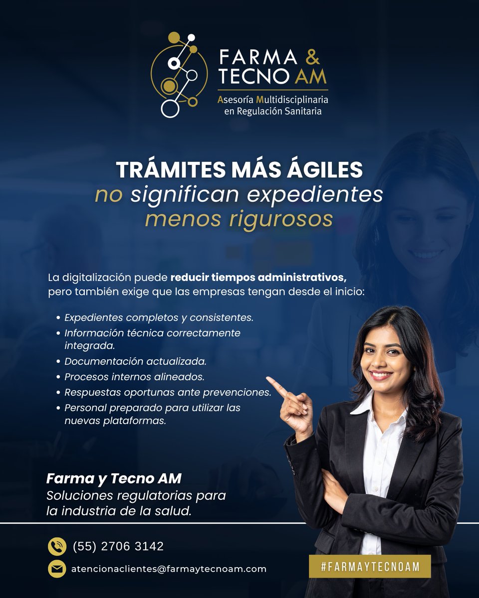 FarmayTecno's tweet photo. La digitalización exige documentación sólida, equipos capacitados y una estrategia regulatoria definida.

En #FyTAM apoyamos a la industria farmacéutica en la revisión documental, integración de expedientes y gestión estratégica de sus procesos regulatorios ante #COFEPRIS. https://t.co/P3Jt5QDcEO