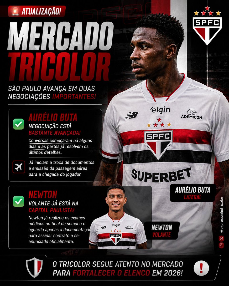 _planetadospfc's tweet photo. 🚨 São Paulo avança por Aurélio Buta!
Negociação está em fase final. As partes acertam os últimos detalhes para troca de documentos e emissão da passagem.
✅ Newton já está em São Paulo, fez exames médicos e aguarda apenas a assinatura para ser anunciado.
#spfc https://t.co/7PWZ3fHIqF