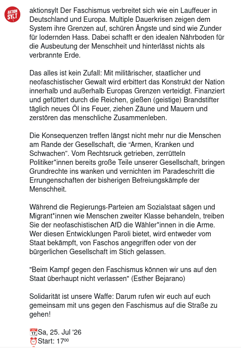 AfaNord's tweet photo. Der Kreis #Nordfriesland versucht, politischen Protest zu verbieten & Subkulturen von der Insel Sylt zu verdrängen. Das 5. #Protestcamp auf #Sylt bleibt widerständig:
🏴20.7.26-16.8.26 Festwiese Tinnum
Demo: Gemeinsam gegen #Faschismus
🏴25.7.26 17:00 Festwiese
#NoNazis #NoAfD https://t.co/DFrJGOIP06