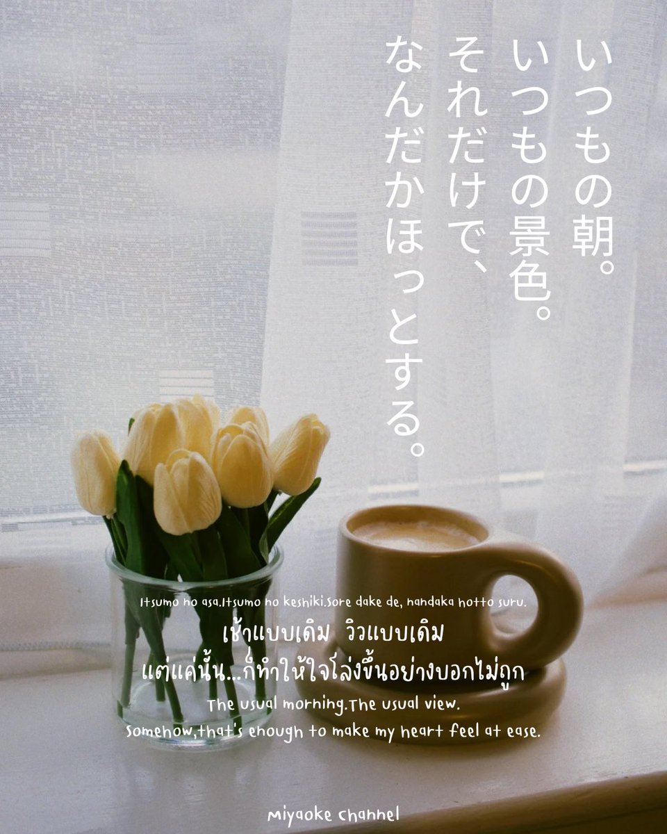 MiyaokeChanel's tweet photo. Today's mood...
おはようございます ☀️
เช้านี้…คุณมีอะไรที่ทำให้รู้สึกว่า
“ยังเหมือนเดิม…ก็ดีแล้ว”บ้างไหม?
อาจเป็นกาแฟแก้วเดิมหรือวิวที่มองเห็นทุกวัน
変わらないって、安心するね。
บางอย่าง…ไม่เปลี่ยนแปลง ก็น่าอุ่นใจเหมือนกันนะคะ
#ประโยคฮีลใจ
#moodoftheday
#miyaokechannel https://t.co/k2EiURMOZA