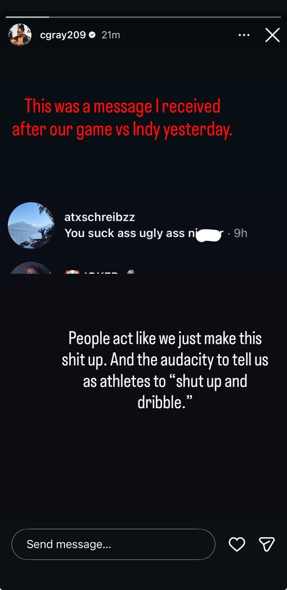 Callie__Fin's tweet photo. Chelsea Gray shares racial abuse she  received following the Aces’ Sunday night loss to the Indiana Fever. 

This comes after Alyssa Thomas also spoke out about the issue. 

(Via cgray209/IG, I’ve censored the slur) https://t.co/V2IKtP9QCX