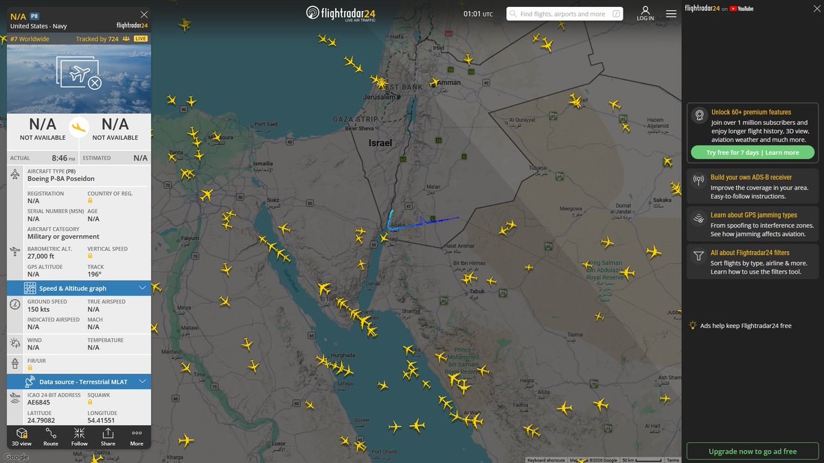 AIYeyENGDdJkjTr's tweet photo. July 14, 2026
#Ovda Air Force Base ==> #Persian Gulf
#NoCALLSIGN #AE6845 USN P-8A Poseidon https://t.co/gBo9eoj6jI