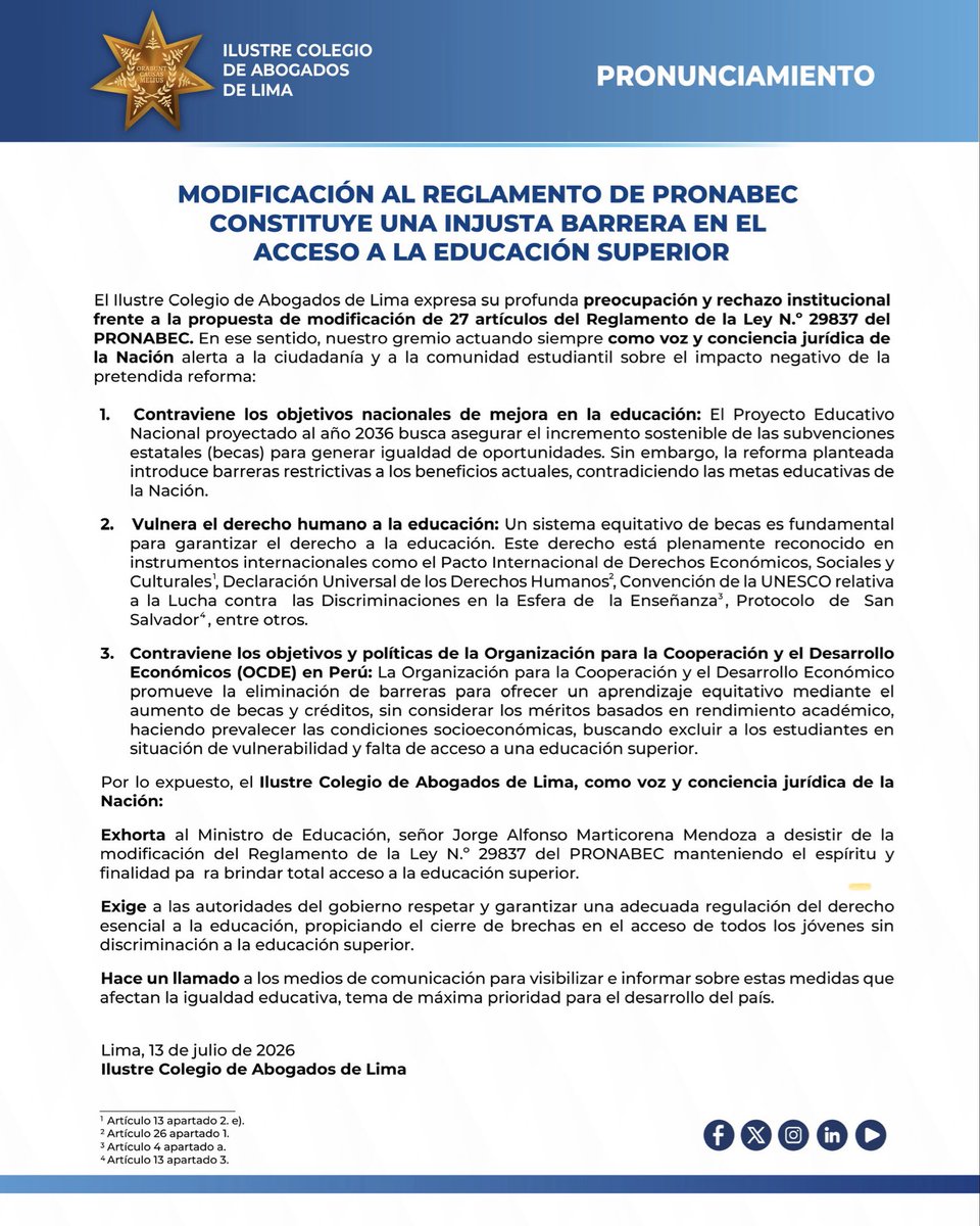 CALPERUOFICIAL's tweet photo. 🚨 PRONUNCIAMIENTO: MODIFICACIÓN AL REGLAMENTO DE PRONABEC CONSTITUYE UNA INJUSTA BARRERA EN EL ACCESO A LA EDUCACIÓN SUPERIOR
🪡🧵 https://t.co/UwAhCkIdEL