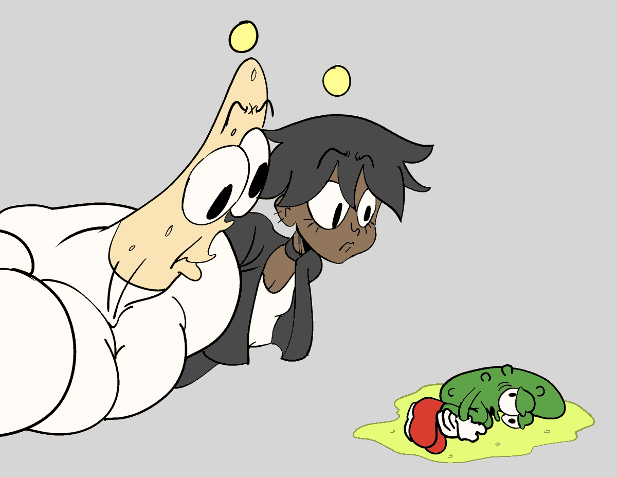 MangoOverdose's tweet photo. Sunny &amp; Baguette Boy meet a strange new character, Billy the Bloated Dill Pickle?

#cartoon #art https://t.co/m62uSL19s6