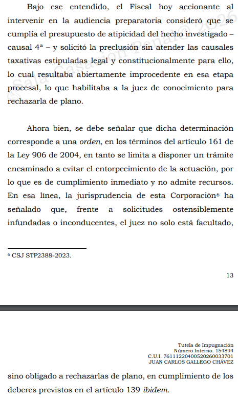 loviedoH's tweet photo. Corte. S. Rad. 154894/26. Preclusión.

Fiscal en A. Preparatoria solicitó variar la misma por Preclusión # 1 y 4 del art. 332, Juez mediante ORDEN no accedió. Al no figurar la causal cuarta del art. 332 ley 906/04 en etapa de juicio habilitaba al Juez para rechazarla de plano. https://t.co/zmemHKBnyG