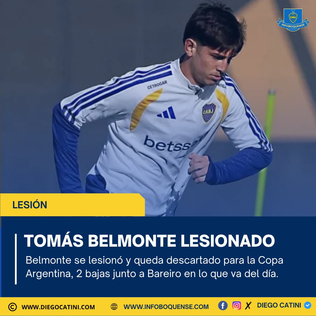 diegoacatini's tweet photo. Se lesionó Tomás Belmonte, dos bajas en lo que va del día junto a Bareiro para el partido de la Copa Argentina. | https://t.co/NWKjTZ4h9p.
.
.
.
#lesion #bocajuniors #belmonte #infoboquense #noticiasboca #copaargentina https://t.co/H2FtkvDWL9