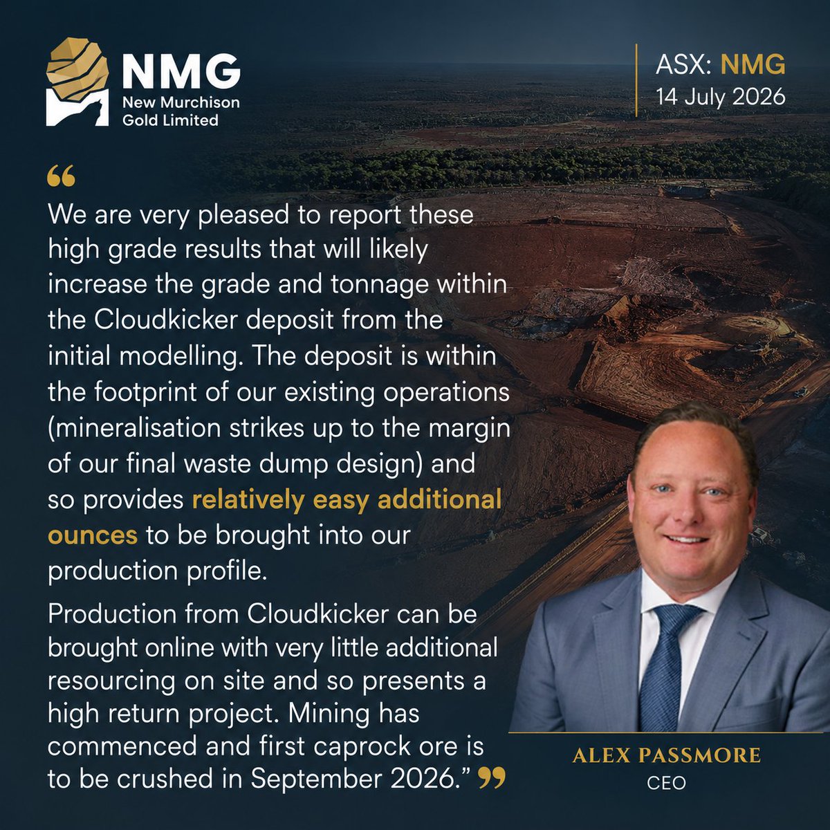 NMG_GoldASX's tweet photo. New Murchison Gold (ASX:NMG) is pleased to announce high-grade gold intercepts from recent grade control and resource definition drilling programs at the Cloudkicker deposit.

Read more: https://t.co/KA4lDzlMZN

$NMG.ax #gold https://t.co/kHqRmhHPf4