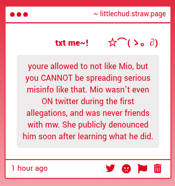 perishedseraph's tweet photo. Like I said in my recent response, all messages regarding the call out and Mio were purged from her account, she deleted them.

She WAS friends with Milkweed LOL. https://t.co/aEkZMRst6B