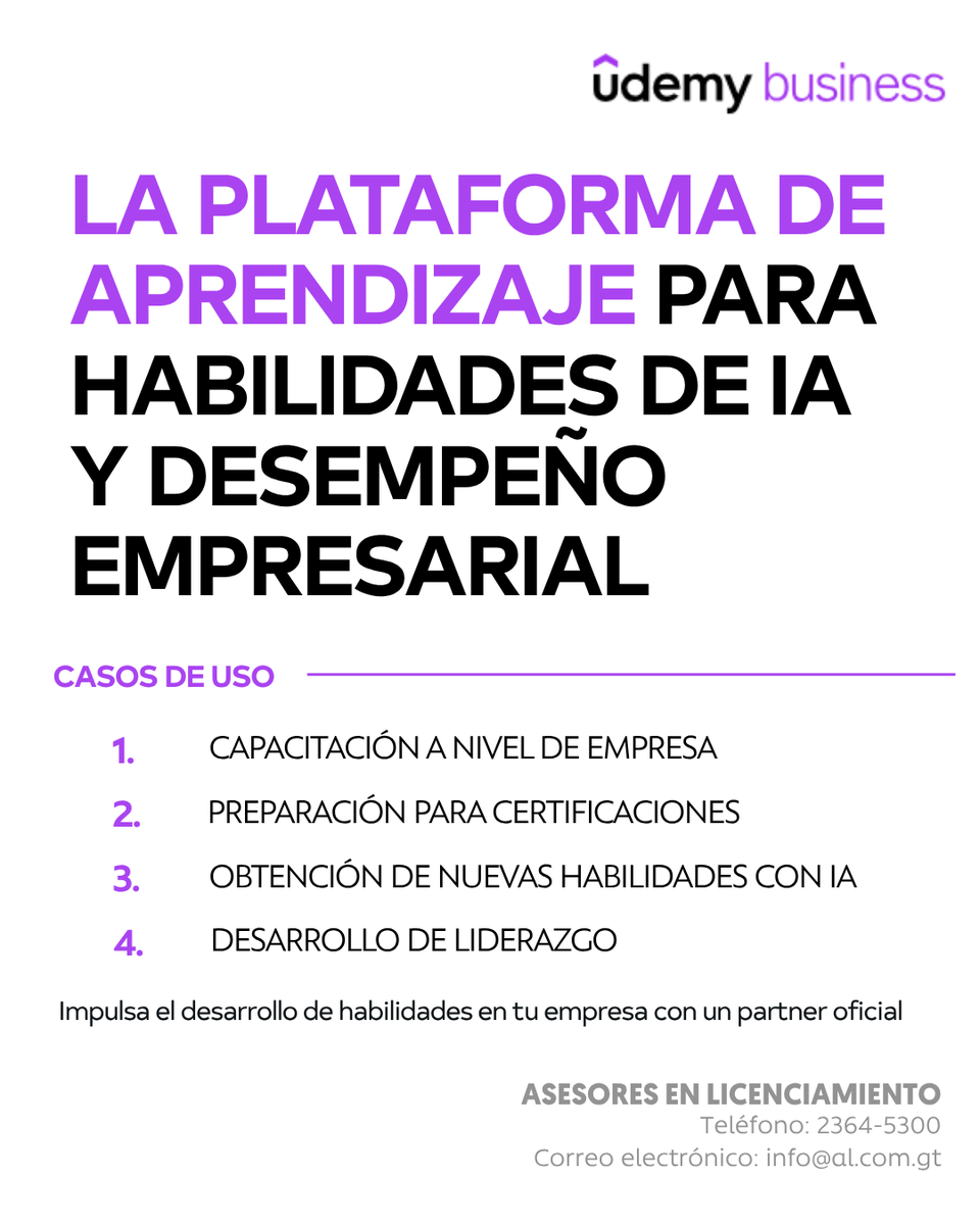 somosALgt's tweet photo. ¿Cómo escalar la IA y el rendimiento en tu empresa? 🤖📈 Con #Udemy Business resuelves 4 retos clave: capacitación a gran escala, certificaciones, habilidades con IA y desarrollo de líderes.

¡Contáctanos! 
📞 2364-5300 
✉️ info@al.com.gt

#AI #Business #Skills #Growth https://t.co/DnDecwAE1J