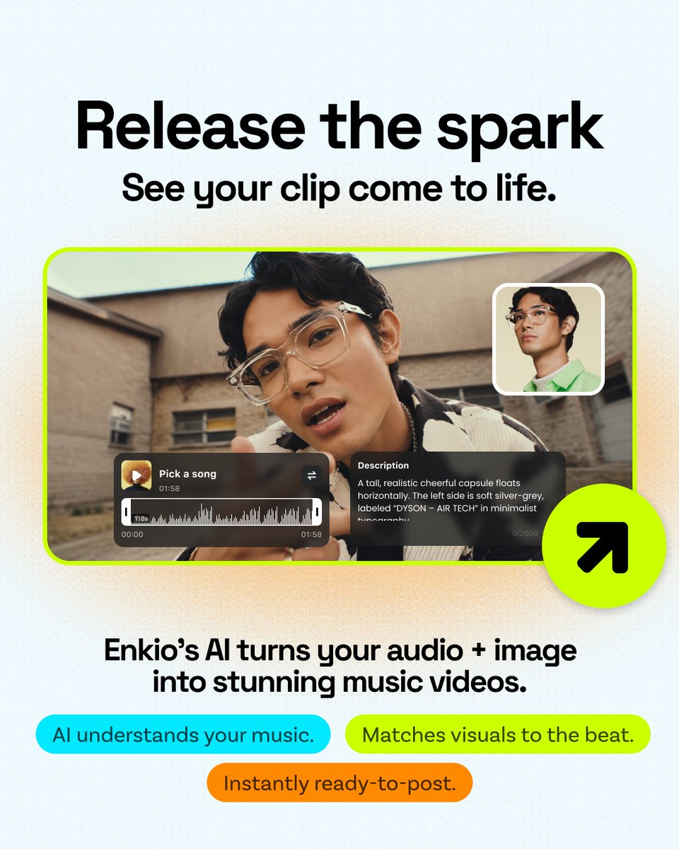 enkioapp's tweet photo. Every great music video starts with a spark. 🎵
Enkio helps you turn your audio and image into a full MV.

Watch your vision come to life in seconds!
👉 Download Enkio and make your music visual at https://t.co/tbSBk6gaT0

#wondershare #Enkio #AIMusicVideo #MusicCreator #music https://t.co/NVOFJ0yCSY