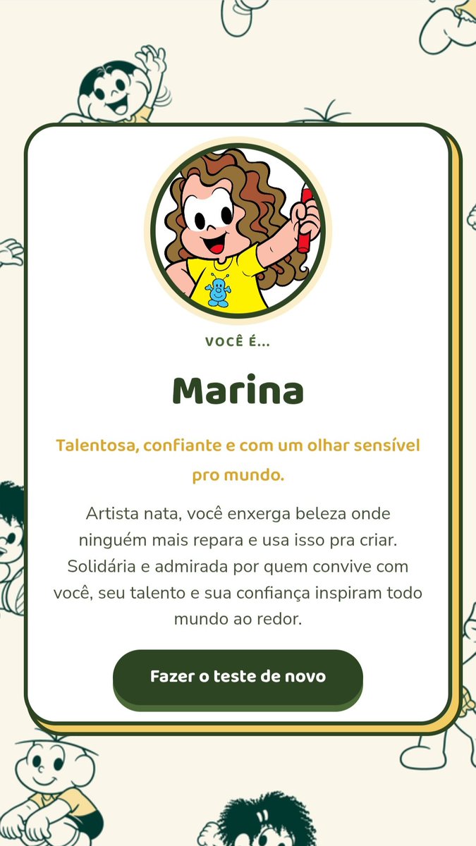 luanzice's tweet photo. Fiz o teste de qual personagem da Turma da Mônica combina comigo e sou a Marina #Mauricio90NaDiaTV @diaestudio @TurmadaMonica https://t.co/EXPpeCnetb