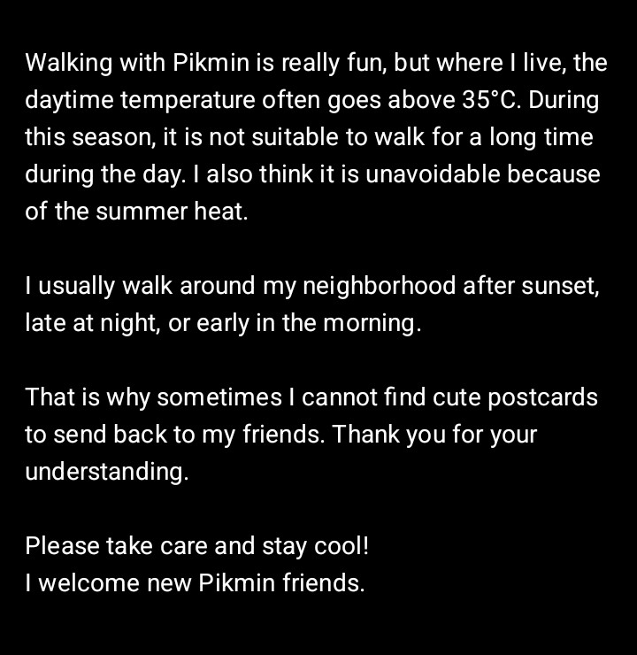 kaymarchy's tweet photo. 皮克敏Pikmin散步真的很有趣，但是我居住的地方白天氣溫常常超35℃，這個季節不太適合在白天長時間走路。我自己也覺得夏天炎熱的時候，這也是沒辦法的事情。我通常會選擇日落後、深夜或清晨，在家附近散步。因此，有時候無法找到可愛的明信片回送給大家，還請大家見諒。請大家做好防暑措施，保重身體！ https://t.co/etdf6YNqvp