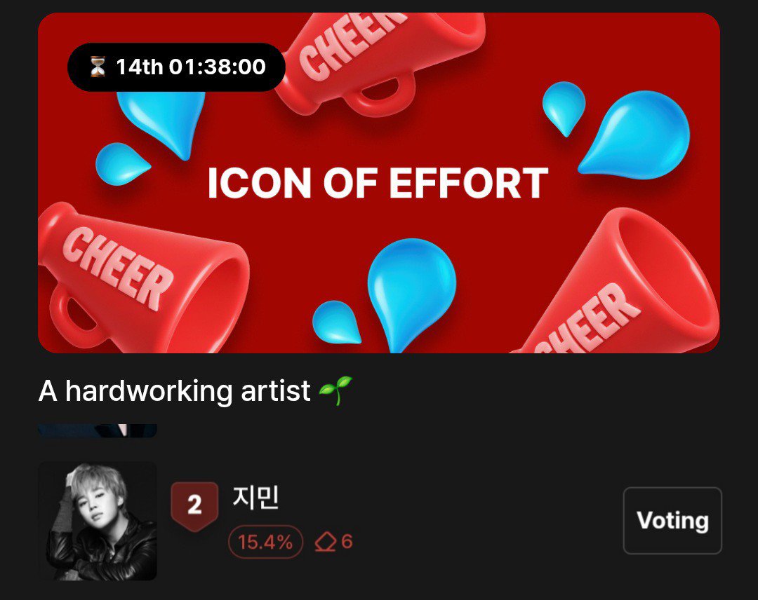 voteforpjm2's tweet photo. 🗳Bugs Favorite 
A hardworking artist with shining drop of sweat💦
📌https://t.co/fMkdZXj4af

Pleaee open all your BUGS account and vote for Jimin using your daily free votes. Collect hearts for the last voting day.

300🩷 for paid users
1 vote = 20🩷🧡

🏆1st winner reward
✨️1st Parnas Media Tower Main Signage, Seolleung Side (8.08 -8.21)

How to obtain 🩷
✔️Go to Heart charging station
✔️Watch Ads (3 minutes waiting time applies after watching an AD for each set (1 Ad =10 🩷)
✔️ Do missions