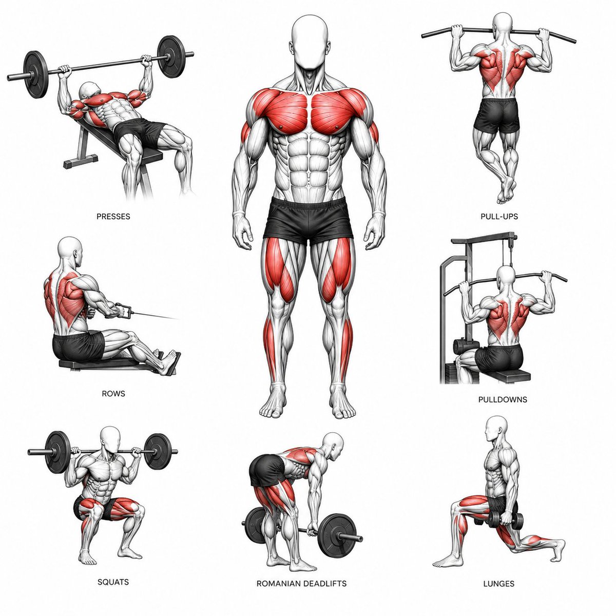 PowerBruteHQ's tweet photo. Step 1: lift to build muscle.

If you do not give your body a reason to grow, it will stay soft and under-muscled.

Use basic lifts:

Presses
Rows
Pull-ups or pulldowns
Squats
Romanian deadlifts
Lunges

Train 3–4 days weekly. https://t.co/CvN3EwpuHn